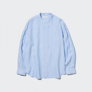 Chemises Uniqlo 100pct Premium Linen Regular FiT-Shirt Grandad Collar Homme Bleu | 9862-QKCFV
