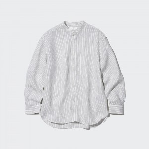 Chemises Uniqlo 100pct Premium Linen Striped Regular FiT-Shirt Grandad Collar Homme Bleu | 3796-MVZNJ