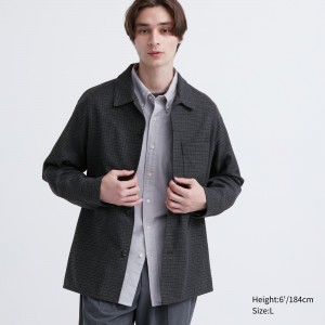 Chemises Uniqlo Brushed Twill Checked Long Sleeved Overshirt Homme Grise Foncé | 7160-IBFOM