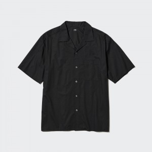 Chemises Uniqlo Cotton Blend Casual Short Sleeved Shirt Open Collar Homme Noir | 9412-AVPKO