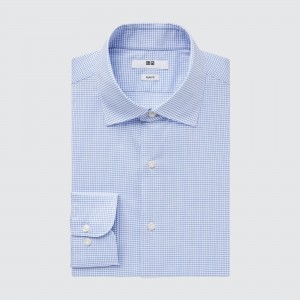 Chemises Uniqlo Easy Care Stretch Slim Fit Checked Shirt Semi Cutaway Collar Homme Bleu | 2876-DPQMO