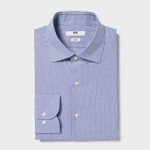 Chemises Uniqlo Easy Care Stretch Slim Fit Striped Shirt Semi Cutaway Collar Homme Bleu | 5739-OXRIT