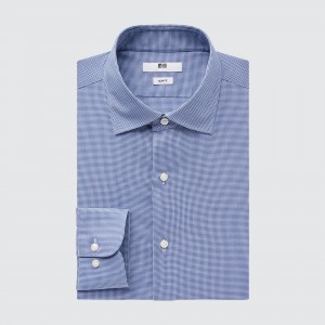 Chemises Uniqlo Easy Care Stretch Slim Fit Checked Shirt Semi Cutaway Collar Homme Bleu | 5910-JSONF