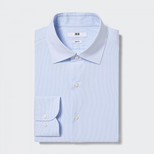 Chemises Uniqlo Easy Care Stretch Slim Fit Striped Shirt Semi Cutaway Collar Homme Bleu | 7019-YLBVX