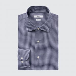 Chemises Uniqlo Easy Care Stretch Slim Fit Checked Shirt Semi Cutaway Collar Homme Bleu Marine | 7259-HXUFS