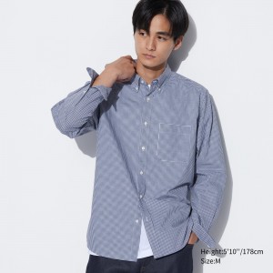 Chemises Uniqlo Extra Fine Cotton Broadcloth Regular Fit Checked Shirt Button Down Collar Homme Bleu | 7163-EGZRF