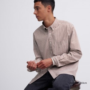 Chemises Uniqlo Extra Fine Cotton Broadcloth Regular Fit Checked Shirt Button Down Collar Homme Marron | 7241-RYWAS