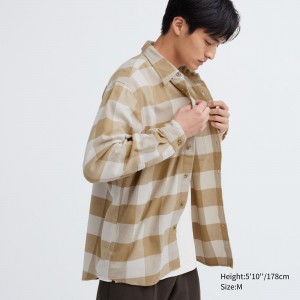 Chemises Uniqlo Flannel Checked Shirt Homme Beige | 7628-HUTKA