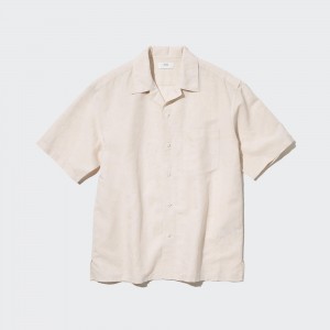 Chemises Uniqlo Linen Blend Short Sleeved Shirt Open Collar Homme Beige | 6721-GZLEX