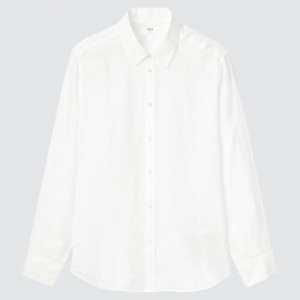 Chemisier Uniqlo 100pct Premium Linen Long Sleeved Shirt Femme Blanche | 1243-ZVUMI