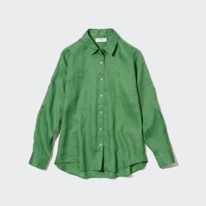 Chemisier Uniqlo 100pct Premium Linen Shirt Femme Vert | 4021-WTBCQ