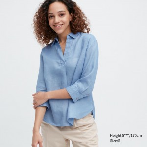 Chemisier Uniqlo 100pct Premium Linen Skipper Collar 34 Sleeved Shirt Femme Bleu | 1920-TESPR