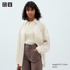 Chemisier Uniqlo Drape Striped Long Sleeved Shirt Femme Beige | 4356-FPSUW