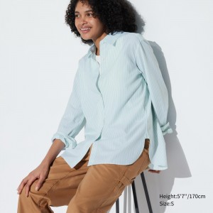 Chemisier Uniqlo Extra Fine Cotton Striped Long Sleeved Shirt Femme Vert | 8094-LHQBI