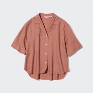 Chemisier Uniqlo Linen Blend Open Collar Short Sleeved Shirt Femme Marron | 8541-CFLYA
