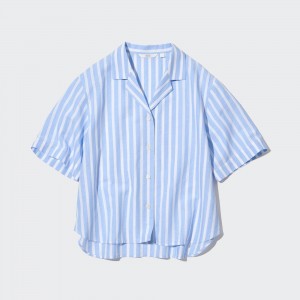 Chemisier Uniqlo Linen Blend Striped Open Collar Short Sleeved Shirt Femme Bleu Clair | 0219-ZTYRI