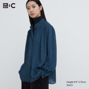 Chemisier Uniqlo Printed Volume Blouse Femme Bleu | 2470-LCXJU