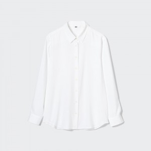 Chemisier Uniqlo Rayon Long Sleeved Blouse 2021 Season Femme Blanche | 3580-OEWCH