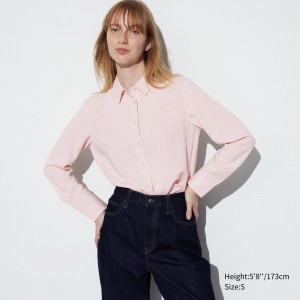 Chemisier Uniqlo Rayon Long Sleeved Blouse Femme Rose | 6973-NCKIR