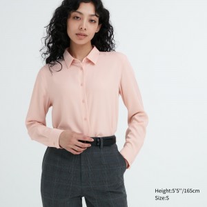 Chemisier Uniqlo Rayon Long Sleeved Blouse Femme Rose | 7601-KZBRV