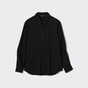 Chemisier Uniqlo Rayon Long Sleeved Blouse Femme Noir | 9083-HKMSV