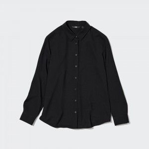 Chemisier Uniqlo Rayon Long Sleeved Blouse Femme Noir | 9216-ABIWY