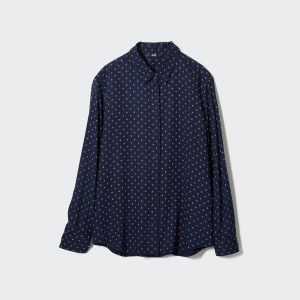 Chemisier Uniqlo Rayon Printed Long Sleeved Blouse Femme Bleu Marine | 2461-OZDTL