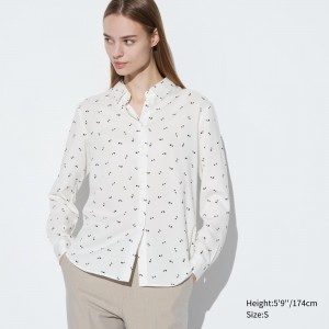 Chemisier Uniqlo Rayon Printed Long Sleeved Blouse Femme Blanche | 4362-XOPQK