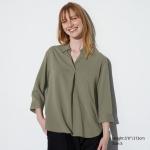 Chemisier Uniqlo Rayon Skipper Collar 34 Sleeved Blouse Femme Vert Olive | 7064-REZTN