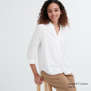 Chemisier Uniqlo Rayon Skipper Collar 34 Sleeved Blouse Femme Blanche | 7123-NUVZY