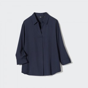 Chemisier Uniqlo Rayon Striped Skipper Collar 34 Sleeved Blouse Femme Bleu Marine | 0832-MPVJQ