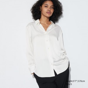 Chemisier Uniqlo Satin Long Sleeved Blouse Femme Blanche | 1679-RTAFW