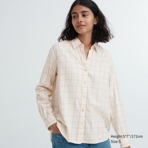 Chemisier Uniqlo Soft Brushed Checked Long Sleeved Shirt Femme Blanche | 6513-ARGXB