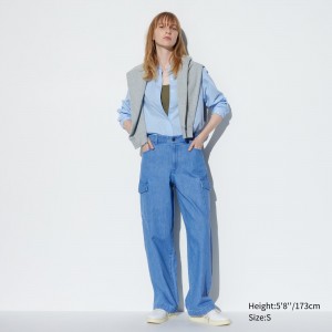 Hauts Uniqlo Denim Wide Straight Leg Cargo Trousers Long Femme Bleu | 5781-NUODR