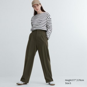 Hauts Uniqlo Pleated Wide Leg Trousers Femme Vert Olive | 0634-USMEZ