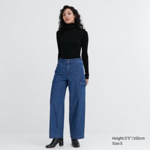 Jean Uniqlo Denim Wide Leg Cargo Trousers Femme Bleu | 5948-OHQKI