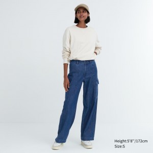 Jean Uniqlo Denim Wide Straight Leg Cargo Trousers Long Femme Bleu | 0264-OUHNE