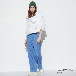 Jean Uniqlo Denim Wide Straight Leg Cargo Trousers Femme Bleu | 6205-XNEBC