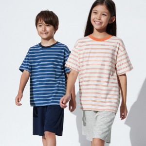 Loungewear Uniqlo Airism Cotton Blend Striped Lounge Set Enfant Bleu Marine | 2691-DWXGQ