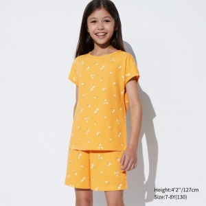 Loungewear Uniqlo Girls Airism Cotton Blend Striped Short Sleeved Set Enfant Jaune | 4290-VFXBH