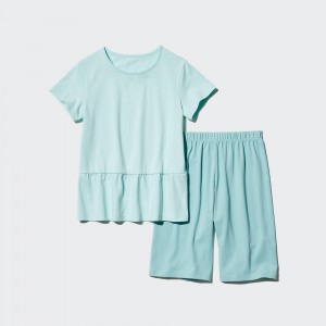 Loungewear Uniqlo Girls Airism Cotton Blend Short Sleeved Set Enfant Vert Clair | 5296-OITJG