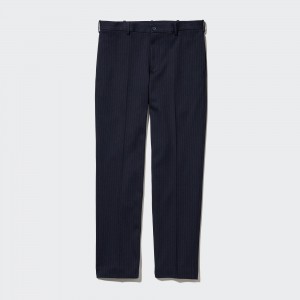 Pantalons Uniqlo Smart Striped Ankle Length Trousers Long Homme Bleu Marine | 6793-OXWKE