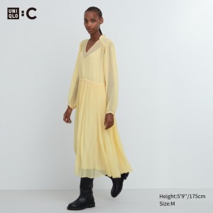 Peignoir Uniqlo Chiffon Pleated Long Sleeved Dress Femme Jaune | 7089-LKESC
