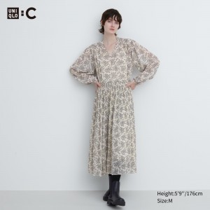 Peignoir Uniqlo Chiffon Pleated Printed Long Sleeved Dress Femme Blanche | 1346-VNGKD