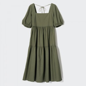 Peignoir Uniqlo Linen Blend Shirring Volume Sleeved Dress Femme Vert Olive | 2180-FBTIW