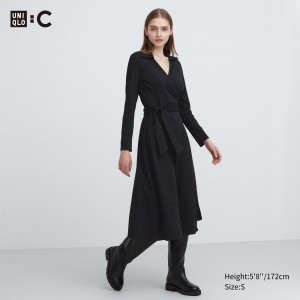 Peignoir Uniqlo Long Sleeved Wrap Dress Femme Noir | 5964-QFJHR