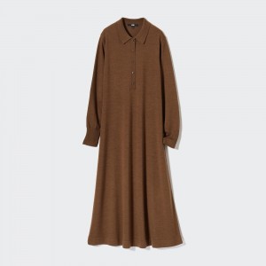 Peignoir Uniqlo Merino Blend Polo Neck Long Sleeved Dress Femme Marron | 8730-UABCV