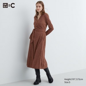 Peignoir Uniqlo Printed Long Sleeved Wrap Dress Femme Marron | 7403-XRQWY