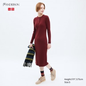 Peignoir Uniqlo Ribbed Knit Long Sleeved Dress Femme Rouge | 8134-LRJHD