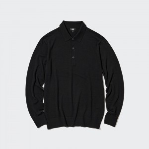 Polo Uniqlo 100pct Extra Fine Merino Knit Long Sleeved Polo Shirt Homme Noir | 1672-XVRLO